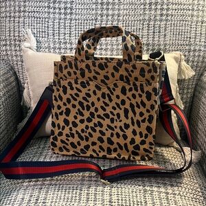 Leopard Print Tote Bag with Red and Blue Strap